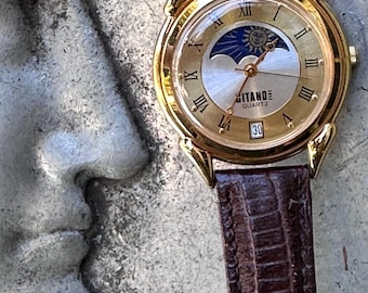 Nice Gitano Moonphase Watch - Excellent 90s Roman Sun Moon Duotone Dial:  New battery, Original Renewed leather strap. Rotating Lunar Motif.