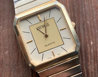 1980s Benrus Quartz Tank Watch - Retro Octagonal Tank Watch with 2-Tone Gold Dial, Gold Case & Integral Original Band. Cool Analog 80s Watch