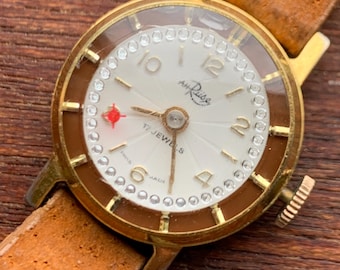 Vintage AH Ruse Ladies Novelty Cocktail Watch - 17 Jewels Swiss Movement Manual Winder, Runs Well. Sparkling Jewel Effects. NOS Leather Band