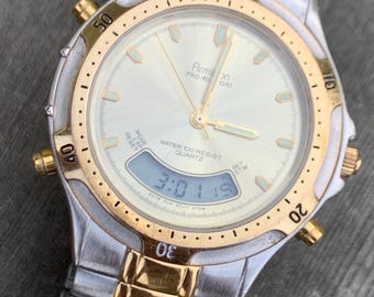 Poseidon Style Armitron Analog/Digital Watch - Two-Tone Vintage Diver Style with multifunction, day/date, alarm, stopwatch, dual time, etc.