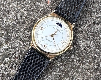 Vintage 90s Axcess True Moon Phase Watch | 24mm | Genuine Hirsch Leather Strap | Hong Kong
