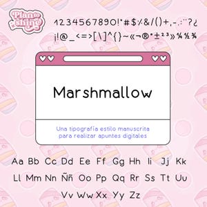 Puede incluir: Un diseño digital rosa con la palabra "Marshmallow" en una fuente manuscrita, junto con el alfabeto completo, números y símbolos. El diseño incluye el texto "Una tipografía estilo manuscrita para realizar apuntes digitales."