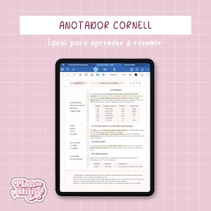 Puede incluir: Una tableta digital que muestra una plantilla de toma de notas Cornell con el título "ANOTADOR CORNELL" en la parte superior. La pantalla muestra texto en español, con un fondo de cuadrícula rosa y el logotipo "Planto Shine" en la esquina inferior izquierda.
