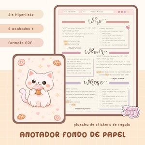 Puede incluir: Una página de planificador digital con pronombres relativos, ejemplos de oraciones y una linda ilustración de gato sosteniendo una magdalena. La página incluye los textos "Who", "Whom" y "Whose". El planificador es rosa y beige.