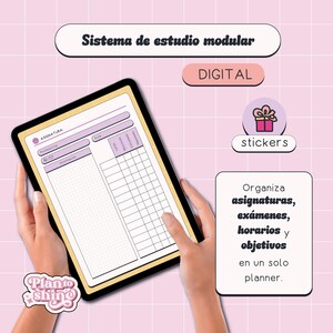 Puede incluir: Un planificador digital en una tableta, con un diseño en morado claro y blanco, que incluye secciones para tareas, exámenes y horarios. La imagen presenta el texto "Sistema de estudio modular" y "Organiza asignaturas, exámenes, horarios y objetivos en un solo planner."