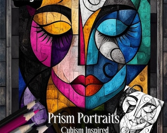 Cubism Portraits Coloring Book: Abstract Grayscale Art (Digital Download)