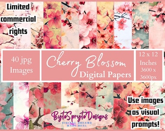 Cherry Blossom Digital Paper: 40 Sakura JPG Images (Digital Download)
