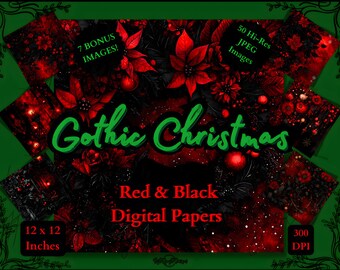 Gothic Christmas Digital Paper Pack: Red & Black Florals (Instant Download)Moody Christmas Art, Goth Crafts,Clipart,Greeting Cards