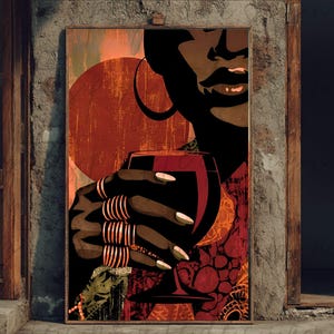 Afrocentric Black Woman Wine Art Print: Elegant Digital Download
