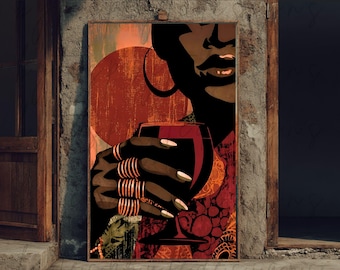 Afrocentric Black Woman Wine Art Print: Elegant Digital Download
