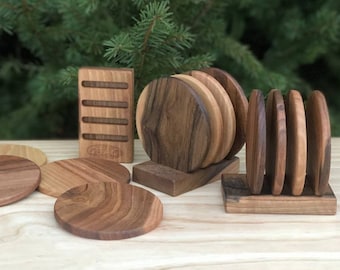 Walnut cup coasters with stand, set of 4, Wooden Hot Mug Coasters