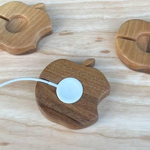 Apple Watch Charging Stand - Wooden Apple-Shaped Charging Station, Customizable Size Options Available, Elegant Desk Decor