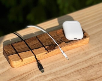 Wooden Cable Holder - Desktop Walnut Charging Organizer, Stylish Cable Management for Home or Office