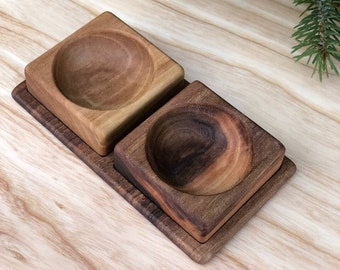 An open wooden salt and pepper shaker with a walnut, Square, Medium Kitchen Salt Shaker, Salt PepperWalnut Bowl, Salt Storage