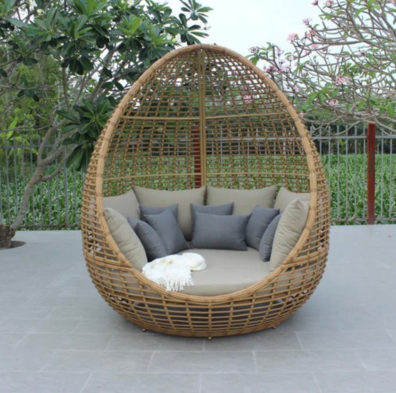 Wicker Daybed with Cushions, Modern Outdoor Seating, Boho Bohemian Patio Porch Oversized Chair, Natural Sustainable Dining Poolside Cabana