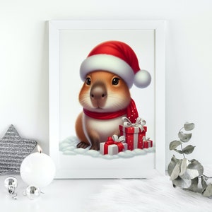Cute Happy New Year Capybara Surrounded by Gifts, Cartoon Style, Capybara Poster, art AI, Digital Download, Capybara Art Print, Animal Theme