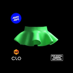 May include: A bright green, ruffled skirt made for digital fashion software. The skirt is designed for use with CLO 3D software.
