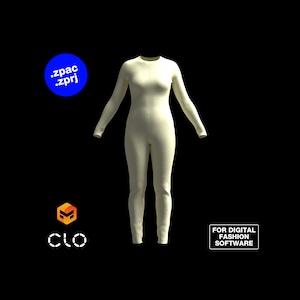 May include: A white one-piece jumpsuit with long sleeves and a crew neck. The jumpsuit is designed for digital fashion software.