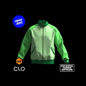 Op de afbeelding: Een groene en witte bomberjack met een ritssluiting. De jas heeft een groene kraag en manchetten. De tekst "FOR DIGITAL FASHION SOFTWARE" is zichtbaar in de rechterbenedenhoek van de afbeelding.