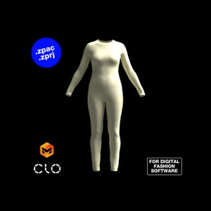 May include: A white one-piece garment with long sleeves and a crew neck. The garment is a digital fashion design for use in software.