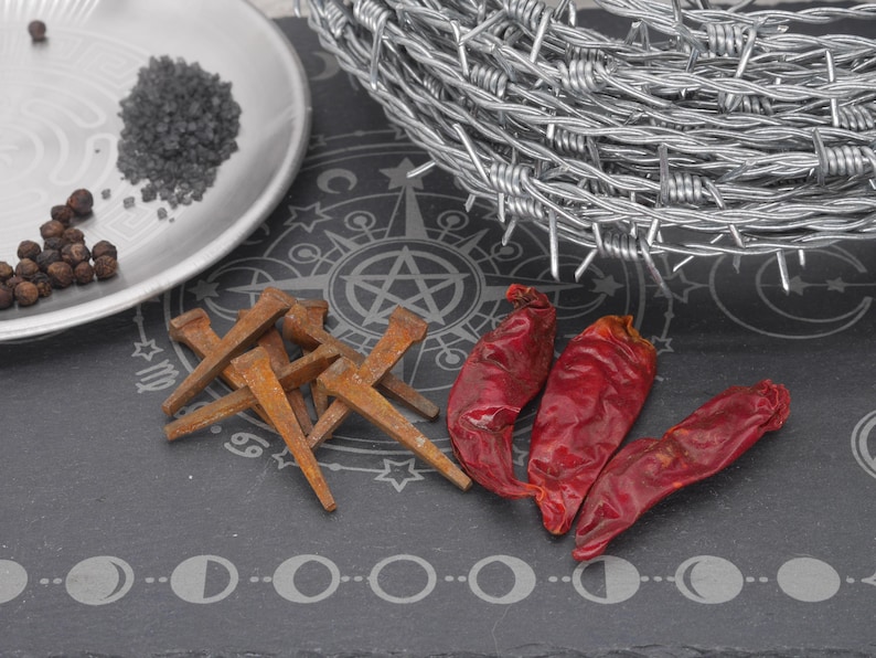 May include: A still life arrangement featuring a silver plate with black peppercorns and dark salt, rusty nails, and three dried red chili peppers. A coil of barbed wire sits in the background on a dark surface with a celestial design.
