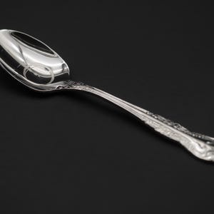 May include: A silver spoon with an oval bowl and a decorative handle. The spoon is highly polished, reflecting the surrounding environment. The handle features an ornate floral design. The spoon is set against a dark background.