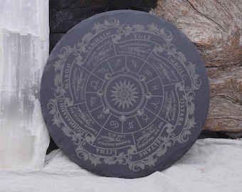 May include: A dark gray, round slate coaster with an engraved astrological calendar design. The design includes zodiac symbols, seasonal names, and dates. The coaster is displayed on a white cloth with a wooden background.