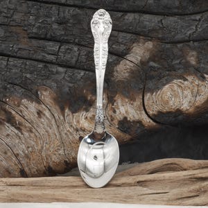 May include: A silver spoon with an ornate handle and a rounded bowl. The spoon is highly polished, reflecting the light. The handle features a detailed floral design. The spoon is set against a textured, dark wood background.
