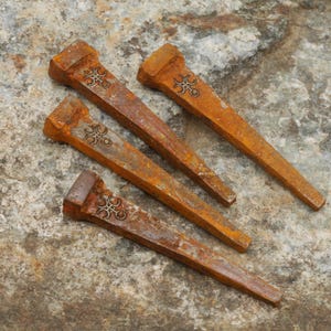 May include: Four rusty, antique-style horseshoe nails with decorative floral designs on the heads. The nails are a warm, earthy brown color and are arranged on a textured, stone-like surface.