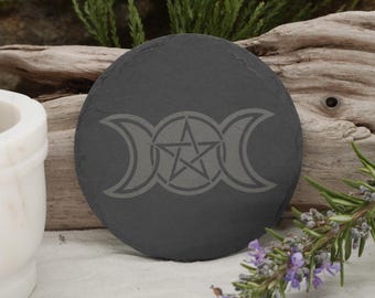 Triple Moon Goddess Slate Altar Tray: Wiccan Pentacle Coaster