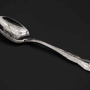 May include: A silver spoon with an ornate handle and a reflective bowl. The spoon is angled, showcasing its polished surface and intricate design. The background is a solid black.