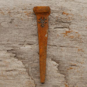 May include: A rusty, antique metal nail with a decorative emblem. The nail has a rectangular head and a long, tapered body. The emblem is a stylized design. The nail is set against a weathered wooden background.