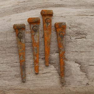 May include: Four rusty metal nails with a symbol etched on each head. The nails are orange and gray, with a weathered appearance. They are arranged on a light brown wooden surface.