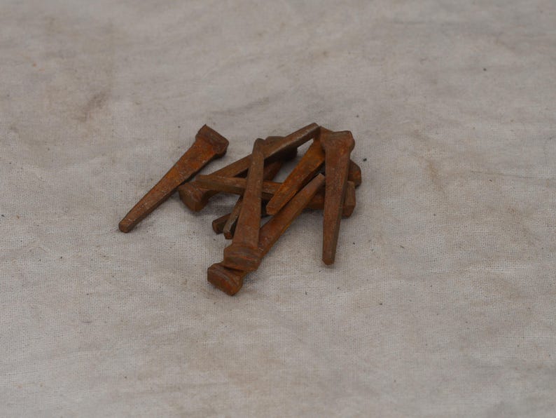 May include: A collection of rusty, antique cut nails. These nails have a rectangular head and a tapered, square shank. The nails are scattered on a neutral-toned, textured surface, showcasing their aged, weathered appearance. Ideal for rustic decor or restoration projects.