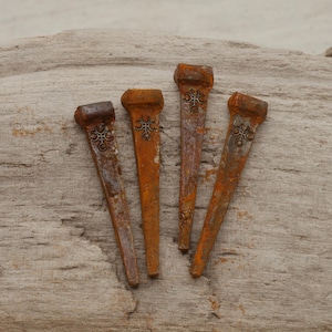 May include: Four rusty metal nails with decorative embellishments. The nails are a mix of orange and brown hues, with a weathered appearance. They are arranged on a piece of light brown wood.