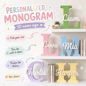 Pode incluir: Uma coleção de letreiros com monogramas 3D personalizados com letras grandes em verde, rosa, azul, roxo e amarelo. Cada letra exibe um nome em cursivo branco. O texto na imagem diz Personalized Monogram 3D name sign.