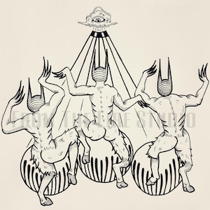 May include: Black and white line art illustration of three goat-like figures with horns and tails, each sitting on a striped ball. The figures are suspended from a cloud with an eye in the center, with rays of light emanating from the cloud.