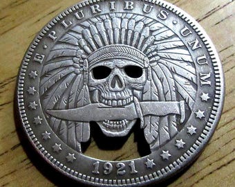 Hobo Nickel Coin: 1921 Indian Skull, Knife - Morgan Dollar Style