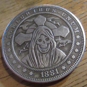 1881 Smiling Grim Reaper Death God - U.S. Morgan Dollar Style Coin - Hobo Nickel Coin - Collectible Art Coin