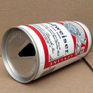 Upside Down 1970&#39;s Budweiser Lager Beer 12 FL OZ Crimped Steel Beer Can - EMPTY