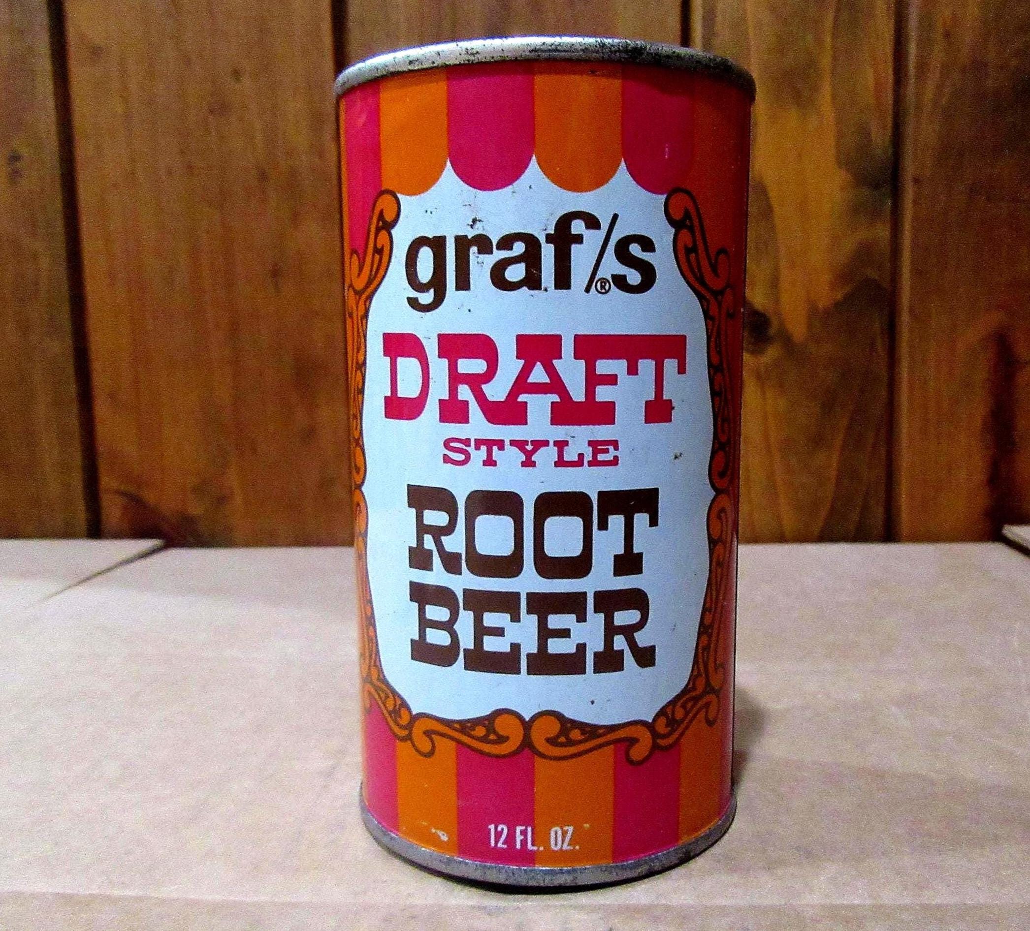 1970s Graf's Root Beer Soda Can, Steel Flat Top Bank, Milwaukee 1970s Graf's Root Beer Soda Can, Steel Flat Top Bank, Milwaukee