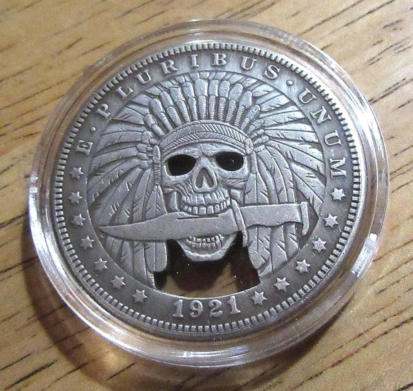 Hobo Nickel Coin: 1921 Indian Skull, Knife - Morgan Dollar Style