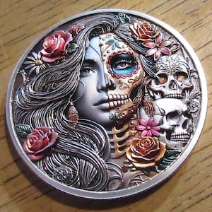 Lady, Skulls, Roses, Unique Bloom & Fade Commemorative Coin - Hobo Nickel Coin - Abstract Art Craft Decoration Novelty Coin - Gift