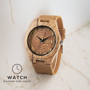 Men quartz wristwatch with a unique wooden design, showcasing annual rings and block points on the face, paired with black hands. Features a brown genuine leather strap and is ideal for sports and casual wear.