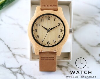 Montre pour femme en bambou fabriquée à la main - Élégante montre-bracelet en bois avec bracelet en cuir souple, design simple et décontracté - Cadeau unique pour elle