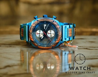 Montre chronographe pour homme fabriquée à la main - Montre-bracelet à quartz en bois et acier inoxydable, garde-temps de luxe pour homme