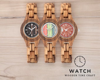 Reloj de mujer Zebrawood hecho a mano: elegante cuarzo de esfera redonda pequeña, reloj de pulsera de pulsera de madera ecológico, regalo único para ella