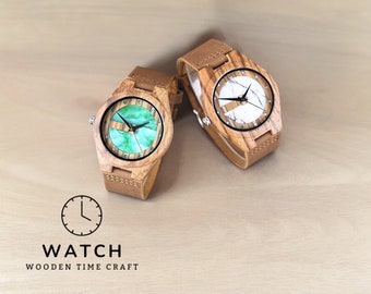 Montre pour homme en bois de zèbre fabriquée à la main, affichage à quartz vert et blanc unique, élégant bracelet en cuir véritable marron, élégante montre-bracelet pour homme