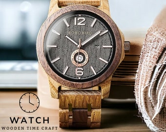 Montre pour homme en bois fabriquée à la main avec quartz japonais, affichage de la semaine et de la date - Cadeau unique respectueux de l'environnement avec boîte personnalisable