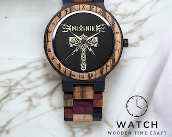 Montre Viking en bois fabriquée à la main - Montre runique scandinave unique pour homme, design Helm of Awe, quartz japonais, boîte cadeau incluse